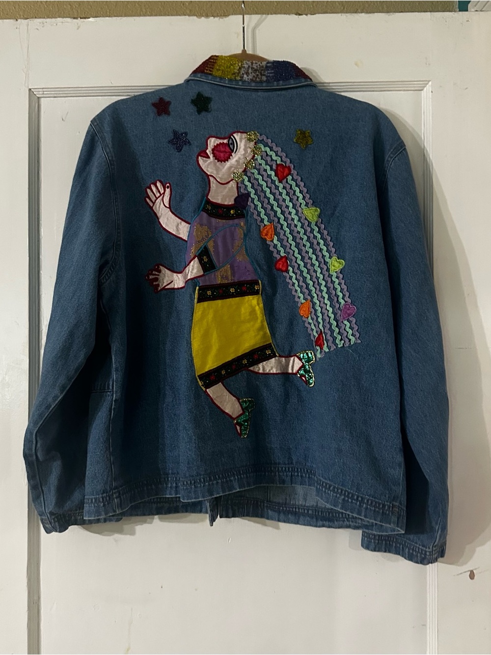 Vintage 90s Chicos Design Stargazer Beaded Denim Jacket Wearable Art L